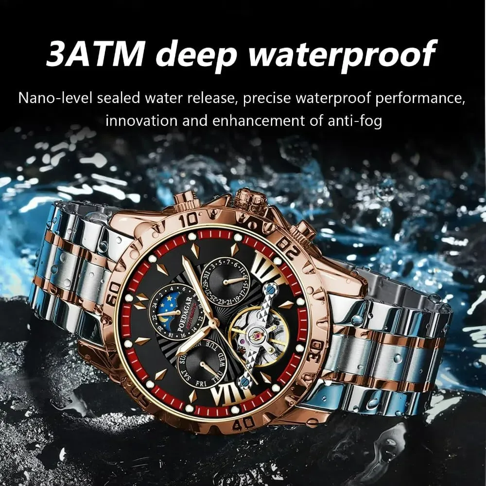 New Skeleton Tourbillon Mechanical Watch for Men Luxury Automatic Mechanical Watch Self Winding Stainless Steel Chronograph Waterproof Luminous Moon Phase Day Date Wrist Watches