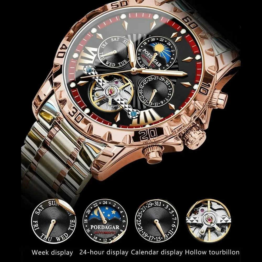 New Skeleton Tourbillon Mechanical Watch for Men Luxury Automatic Mechanical Watch Self Winding Stainless Steel Chronograph Waterproof Luminous Moon Phase Day Date Wrist Watches