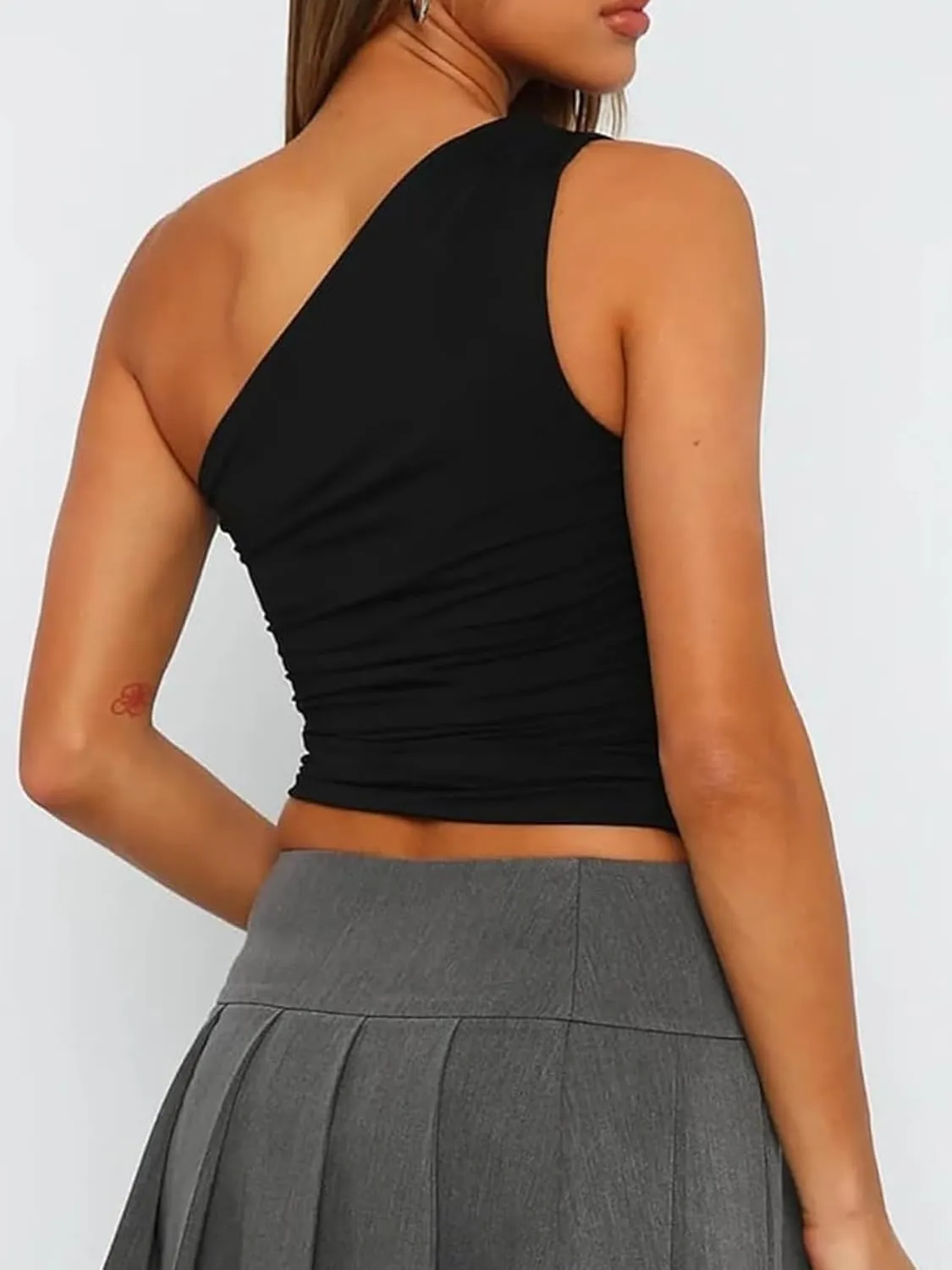 NTSWZYS Women One Shoulder Tank Tops Double Lined Sleeveless Going Out Shirts Slim Fit Ruched Tops Summer Fashion 2024