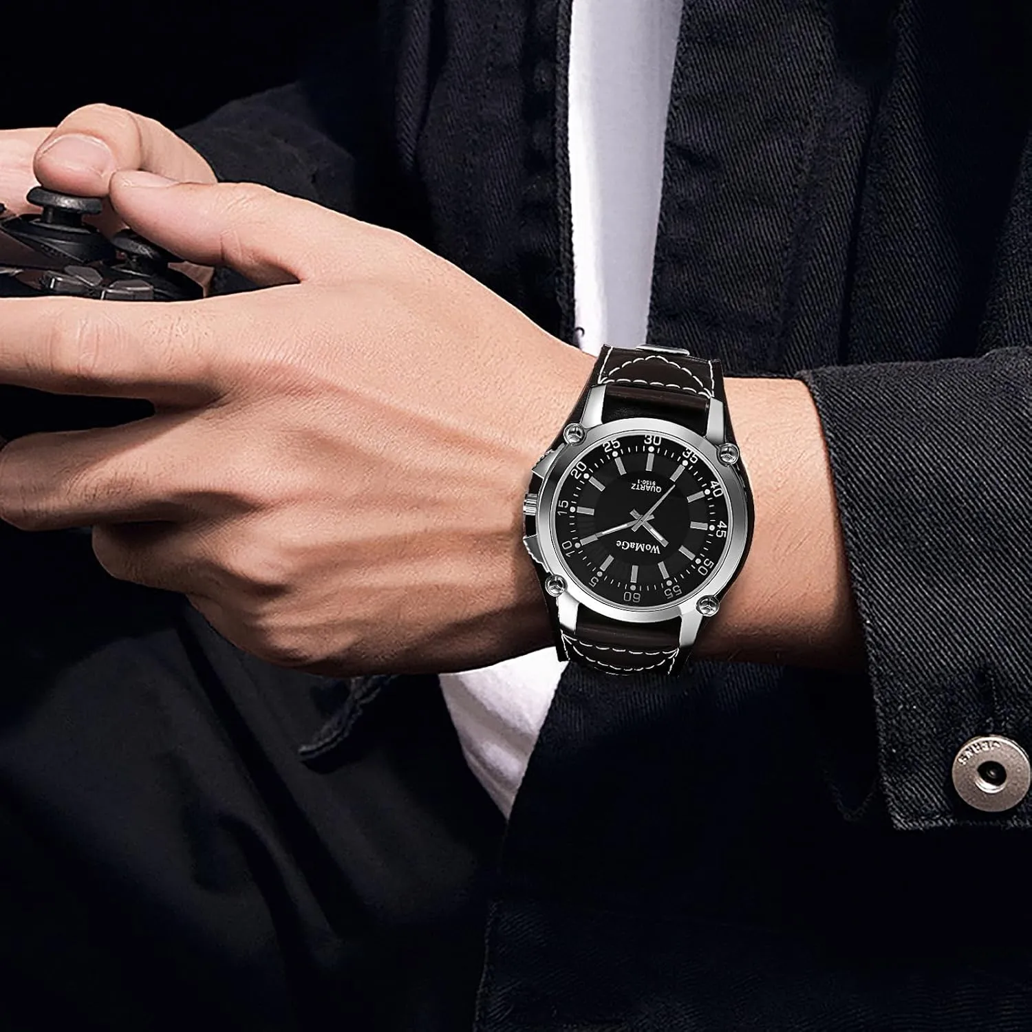 OIDEA Punk Leather Cuff Watches for Men: Vintage Rectangular Steampunk Quartz Wrist Watches Wide Leather Strap Bracelet Watch Casual Business Wristwatch