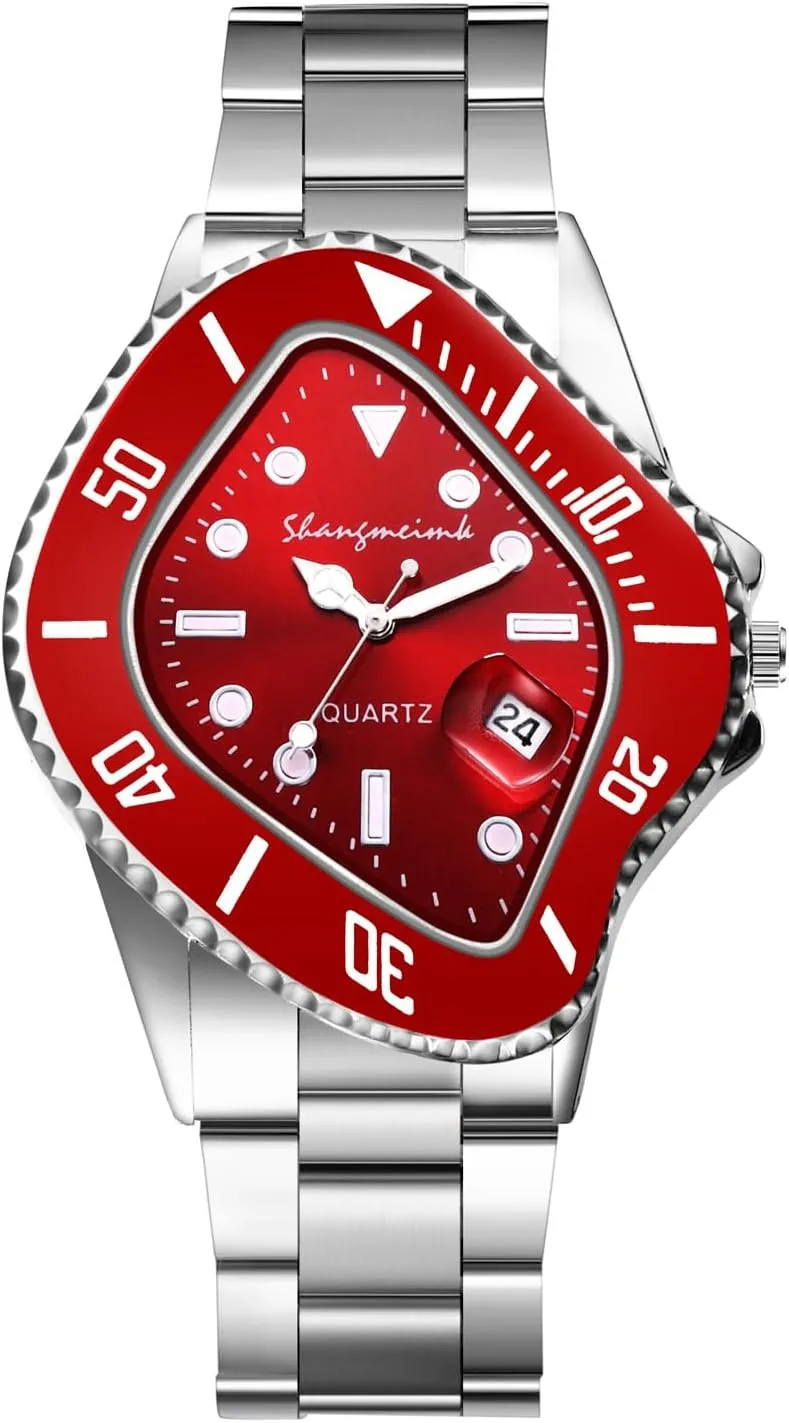 OIDEA Stainless Steel Watches for Men: Fashion Special Shaped Dial Analog Quartz Wrist Watch Waterproof Luminous Magnifying Glass Calendar Business Casual Dress Watch
