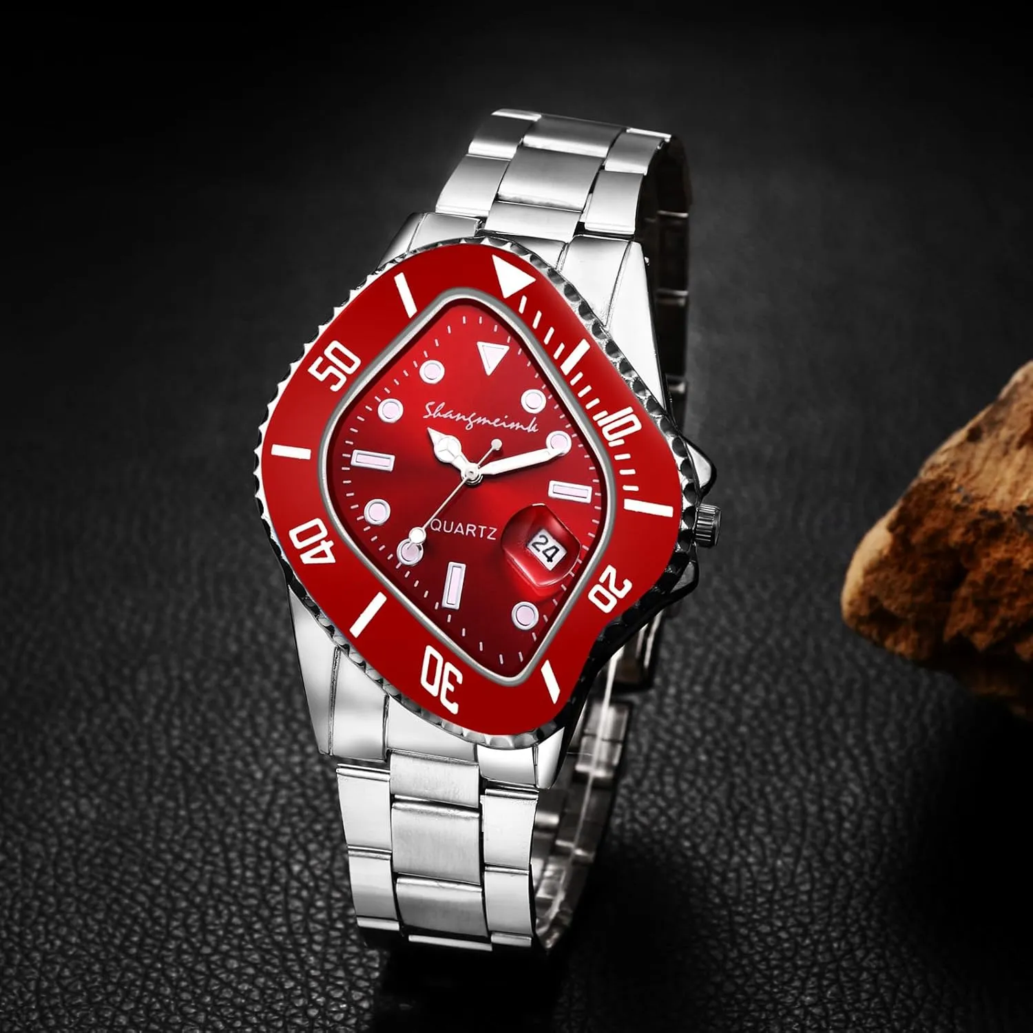 OIDEA Stainless Steel Watches for Men: Fashion Special Shaped Dial Analog Quartz Wrist Watch Waterproof Luminous Magnifying Glass Calendar Business Casual Dress Watch