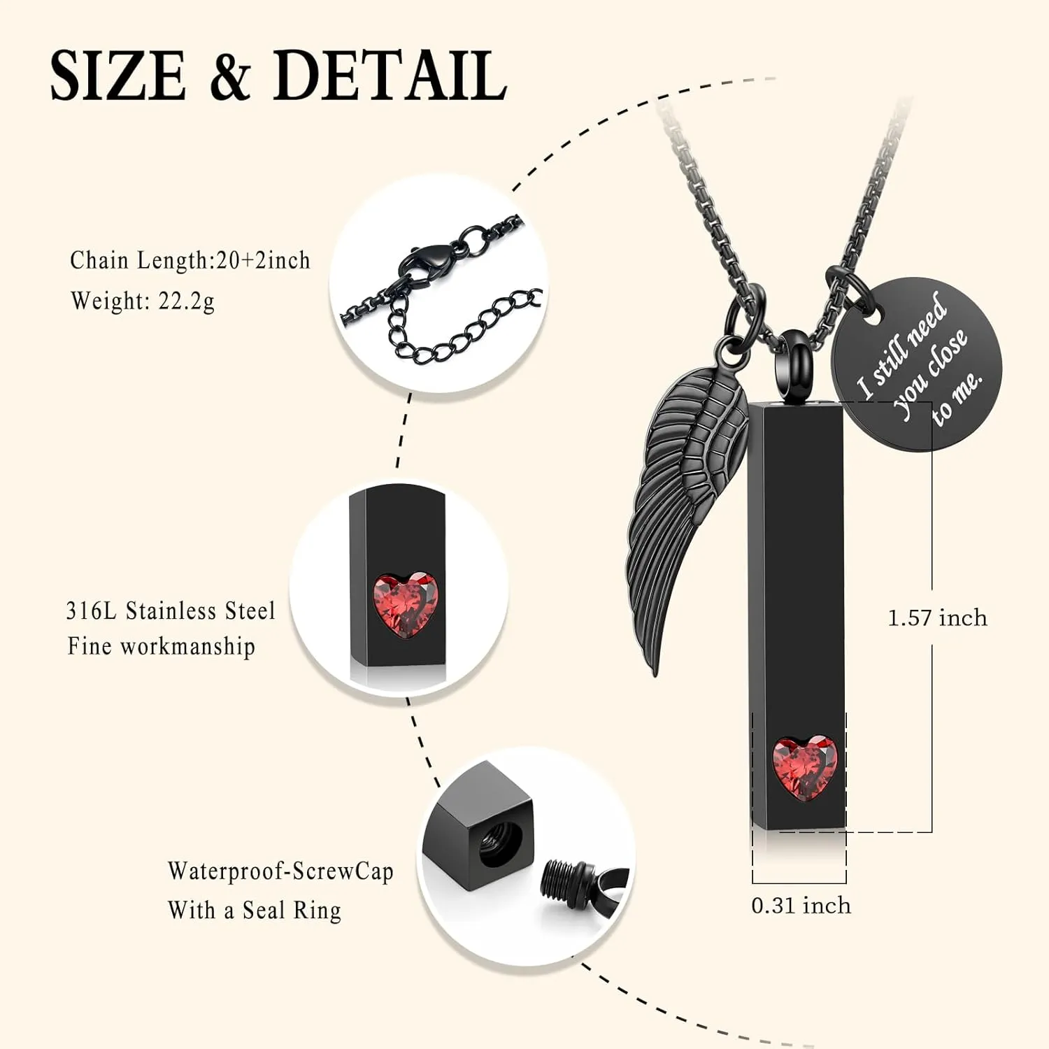 Oinsi Urn Necklaces for Ashes Crystal Cremation Urn Jewelry Birthstone Cube Urns for Human Ashes Memorial Ashes Necklace Pendant Keepsake CZ Bar Urn Locket for Men Women