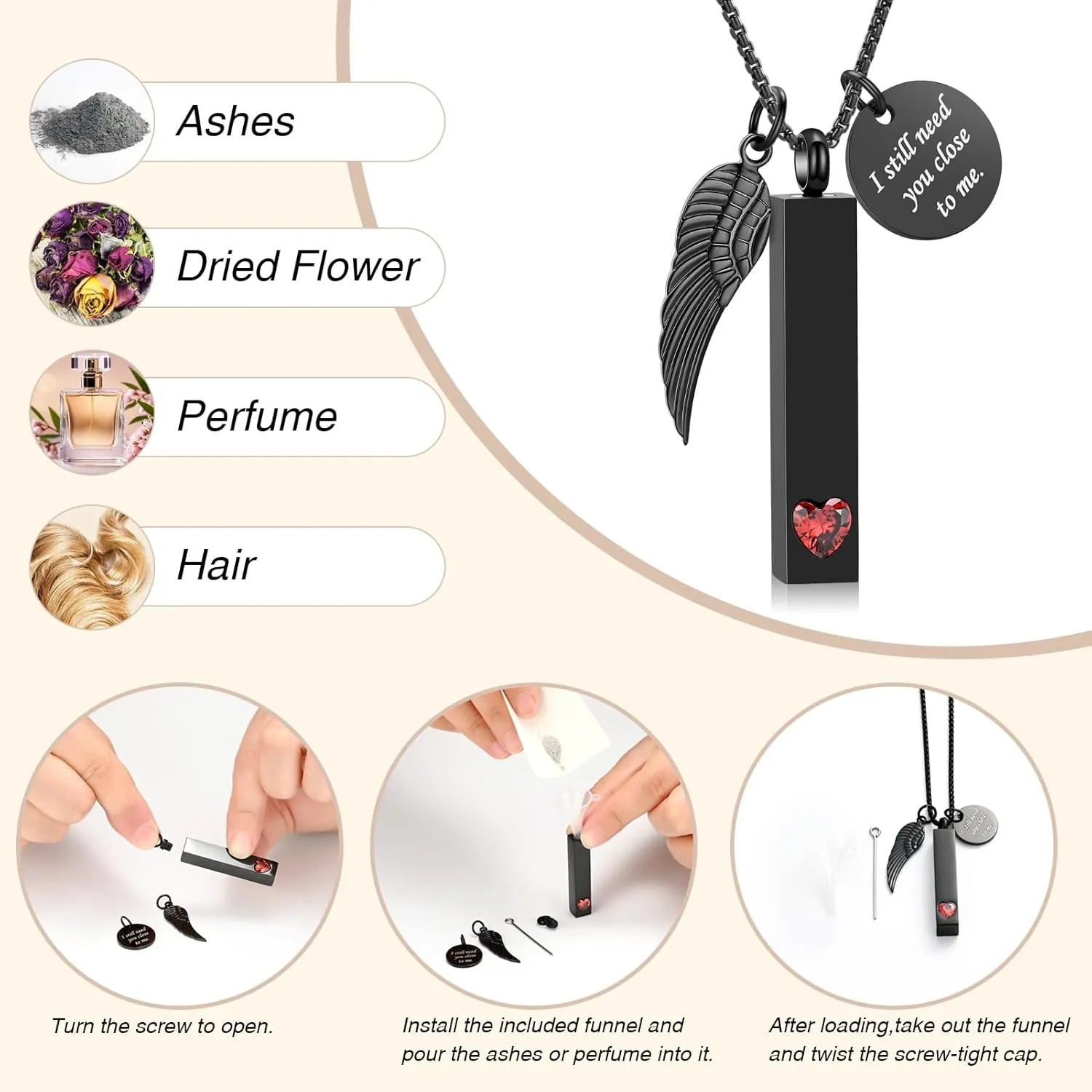 Oinsi Urn Necklaces for Ashes Crystal Cremation Urn Jewelry Birthstone Cube Urns for Human Ashes Memorial Ashes Necklace Pendant Keepsake CZ Bar Urn Locket for Men Women