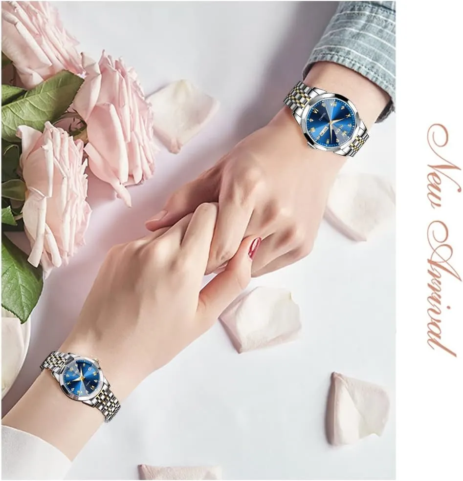 OLEVS Couple Watch His and Her Set Watches Business Analog Quartz Men and Women Watches Stainless Steel Waterproof Luminous Date Wrist Watch