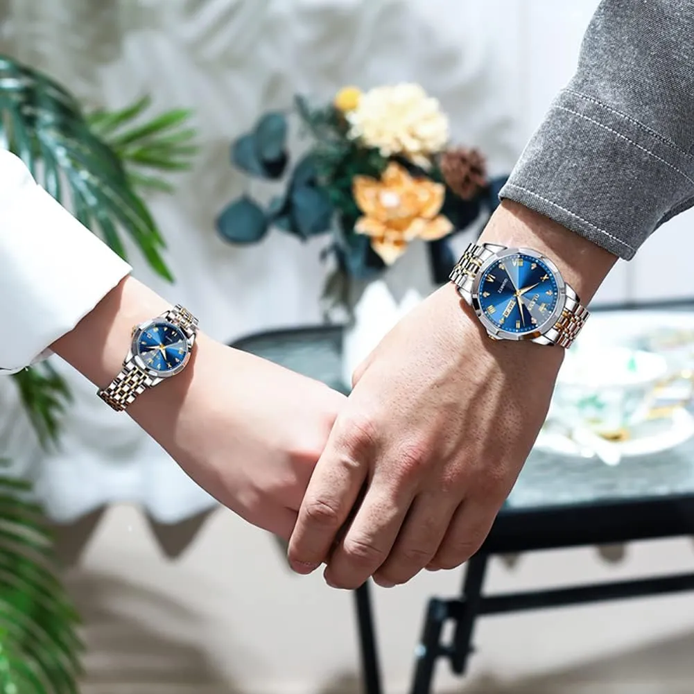 OLEVS Couple Watch His and Her Set Watches Business Analog Quartz Men and Women Watches Stainless Steel Waterproof Luminous Date Wrist Watch