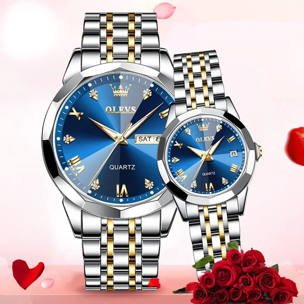 OLEVS Couple Watch His and Her Set Watches Business Analog Quartz Men and Women Watches Stainless Steel Waterproof Luminous Date Wrist Watch