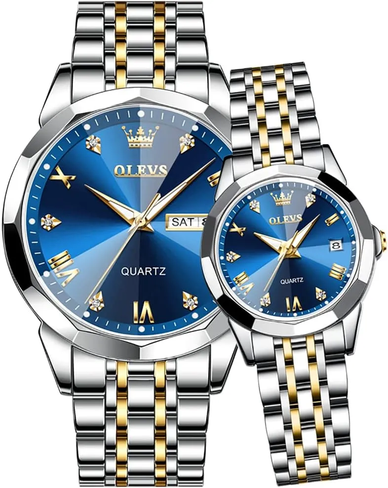 OLEVS Couple Watch His and Her Set Watches Business Analog Quartz Men and Women Watches Stainless Steel Waterproof Luminous Date Wrist Watch