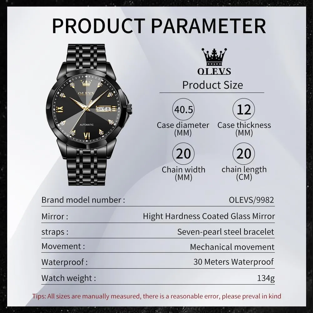 OLEVS Men Automatic Mechanical Watches Self Winding Luxury Stainless Steel Men Watch No Battery