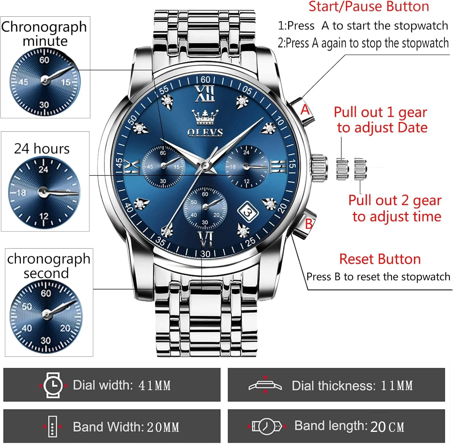 OLEVS Men Multifunction Watch, Multi Dial Waterproof Luminous Chronograph Men's Watch with Date Gift for Men,Stainless Steel Watches for Men,Classic Men Wrist Watch