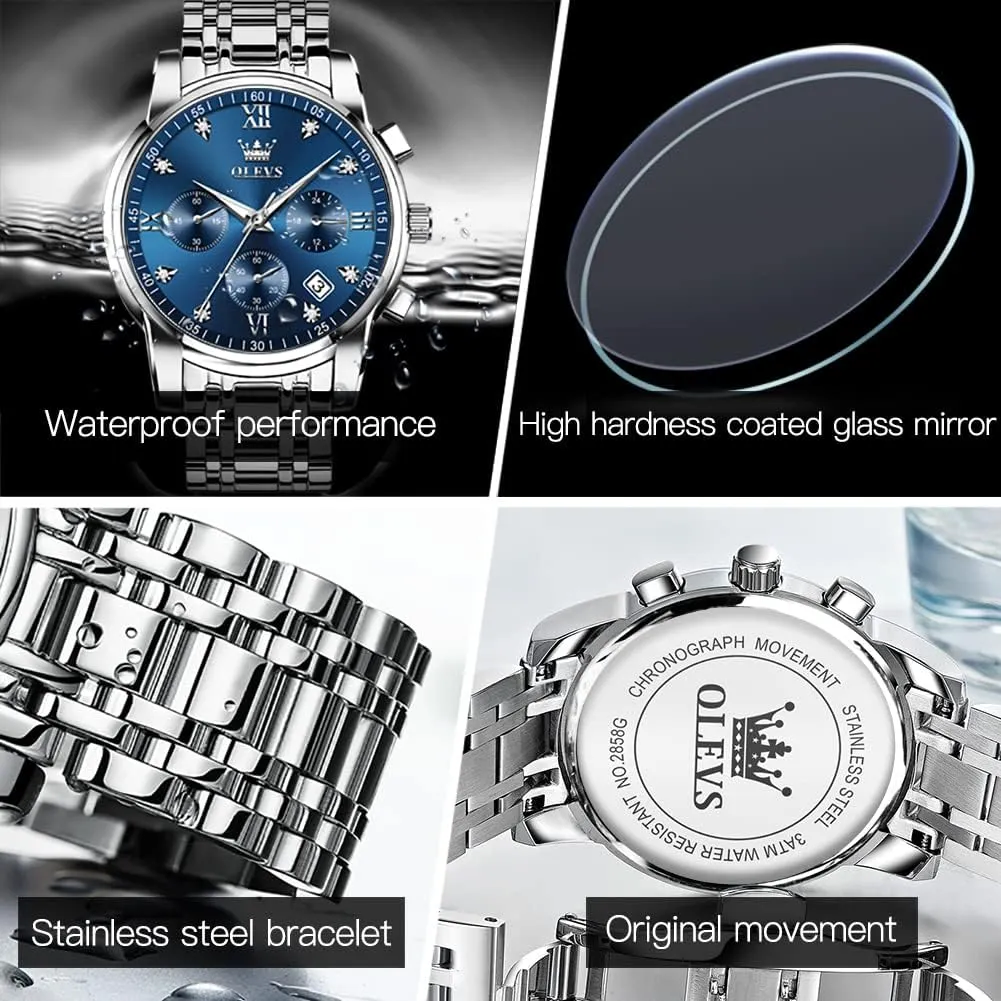 OLEVS Men Multifunction Watch, Multi Dial Waterproof Luminous Chronograph Men's Watch with Date Gift for Men,Stainless Steel Watches for Men,Classic Men Wrist Watch