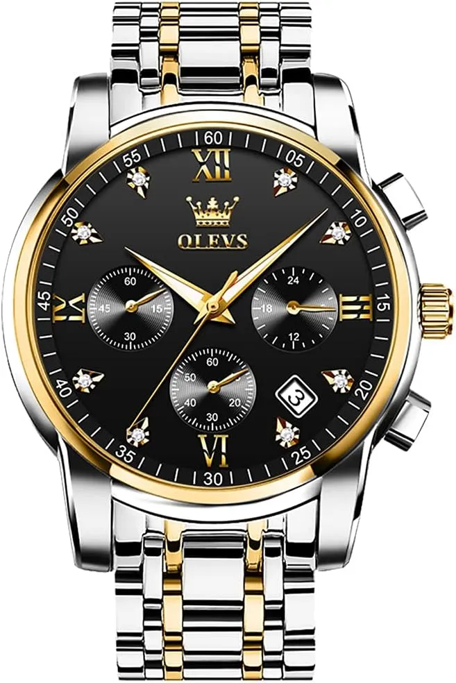 OLEVS Men's Business Watches with Date, Luminous Quartz, Waterproof, Stainless Steel Strap, Stopwatch (Silver Band, Gold Case, Black Dial)
