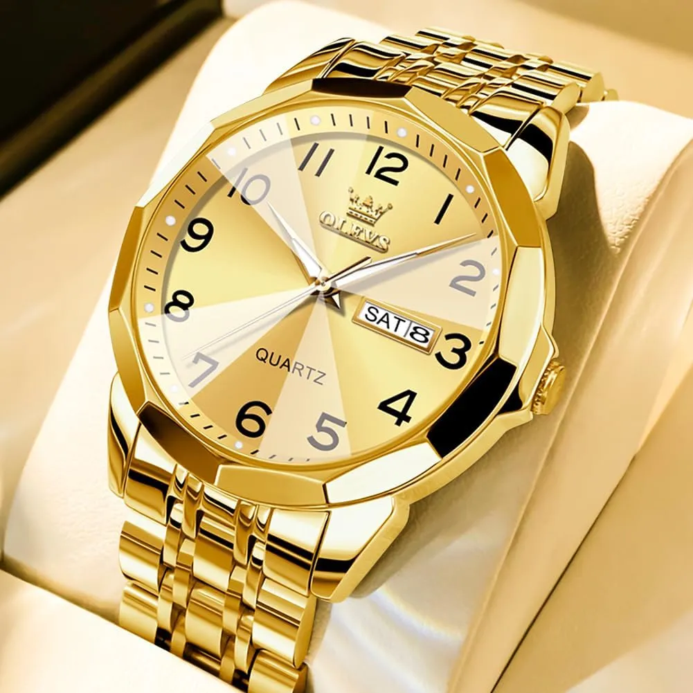 OLEVS Mens Watch, Dress Stainless Steel Analog Quartz Watches for Men with Day Date, Silver Gold Silver Two Tone Big Face Large Waterproof Luxury Casual Easy to Read Number Dial Men's Wrist Watch