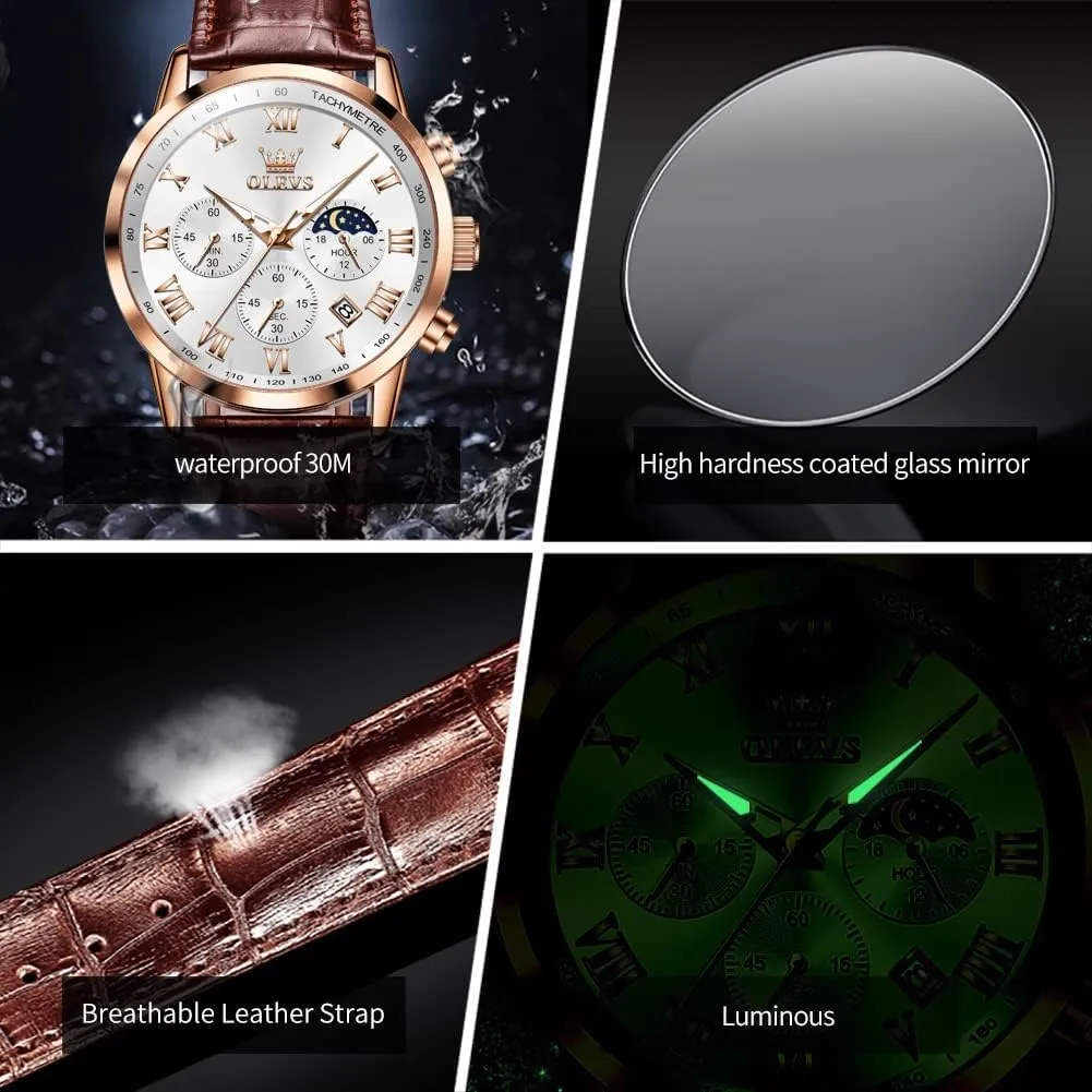 OLEVS Mens Watches Leather Chronograph Luxury Fashion Dress Analog Quartz Wrist Watch Luminous Waterproof Moon Phase Date