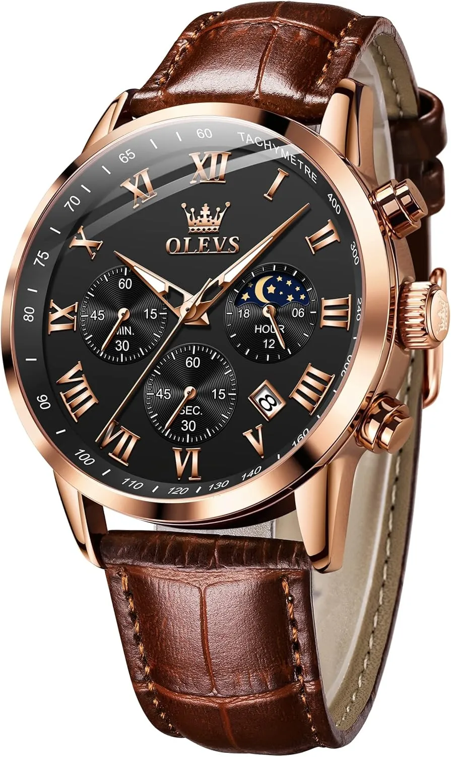 OLEVS Mens Watches Leather Chronograph Luxury Fashion Dress Analog Quartz Wrist Watch Luminous Waterproof Moon Phase Date
