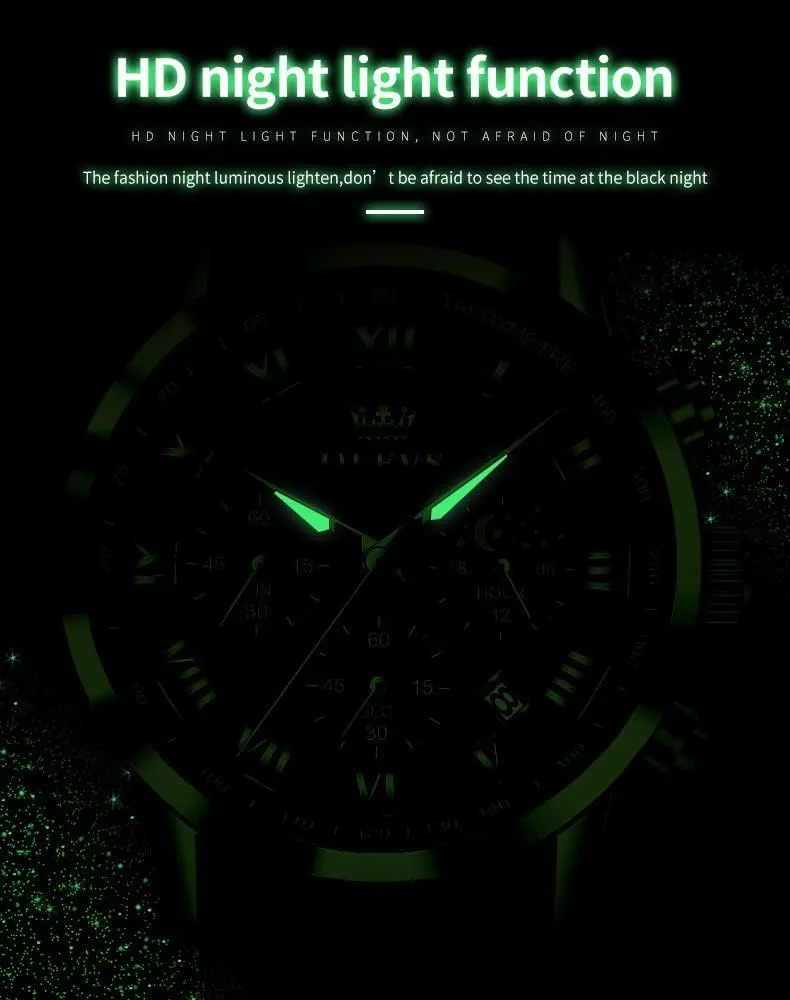 OLEVS Mens Watches Leather Chronograph Luxury Fashion Dress Analog Quartz Wrist Watch Luminous Waterproof Moon Phase Date