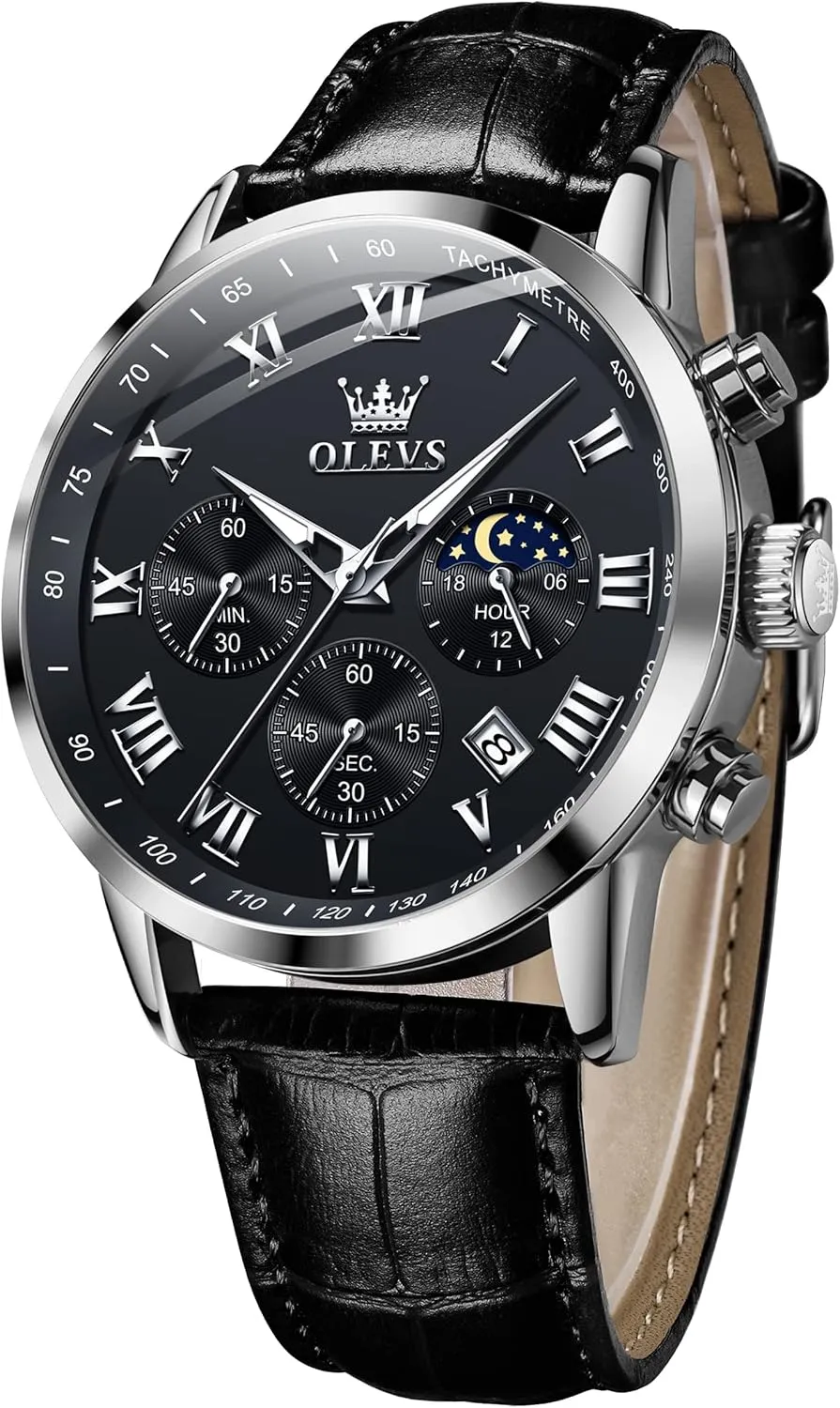 OLEVS Mens Watches Leather Chronograph Luxury Fashion Dress Analog Quartz Wrist Watch Luminous Waterproof Moon Phase Date