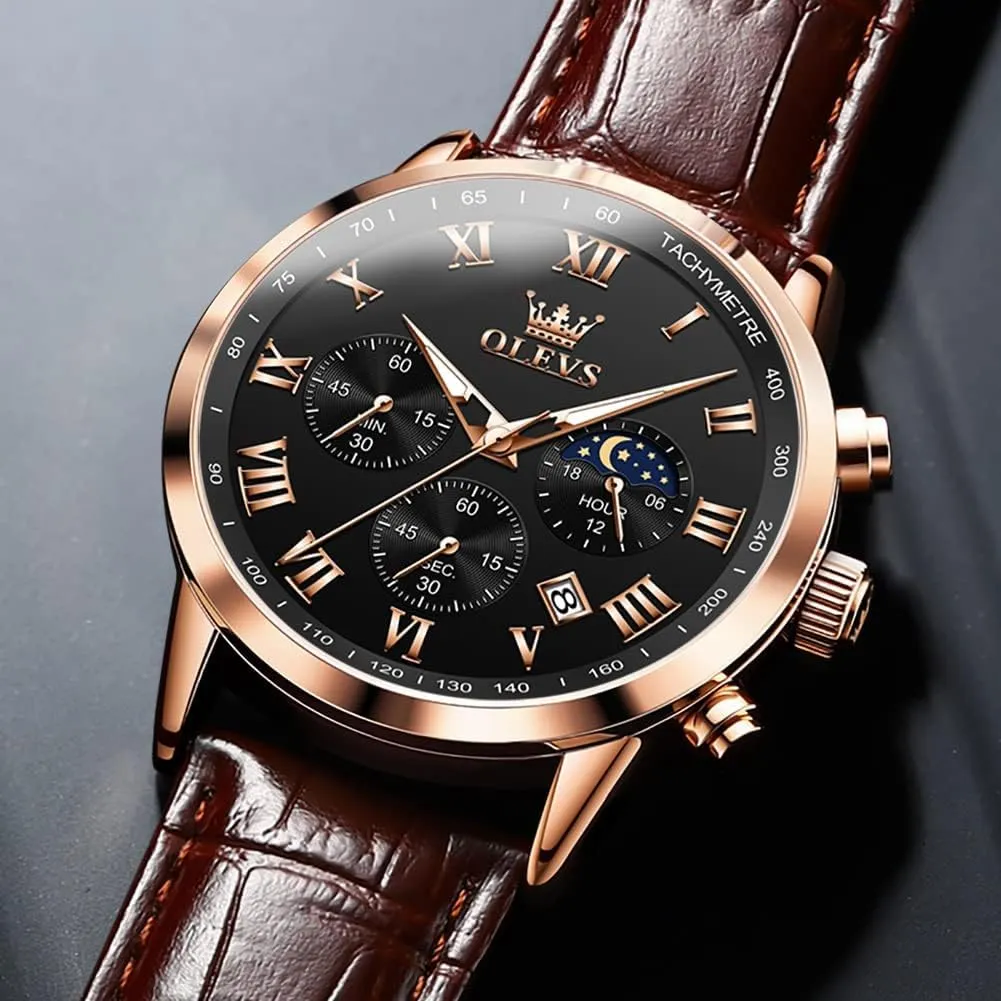 OLEVS Mens Watches Leather Chronograph Luxury Fashion Dress Analog Quartz Wrist Watch Luminous Waterproof Moon Phase Date