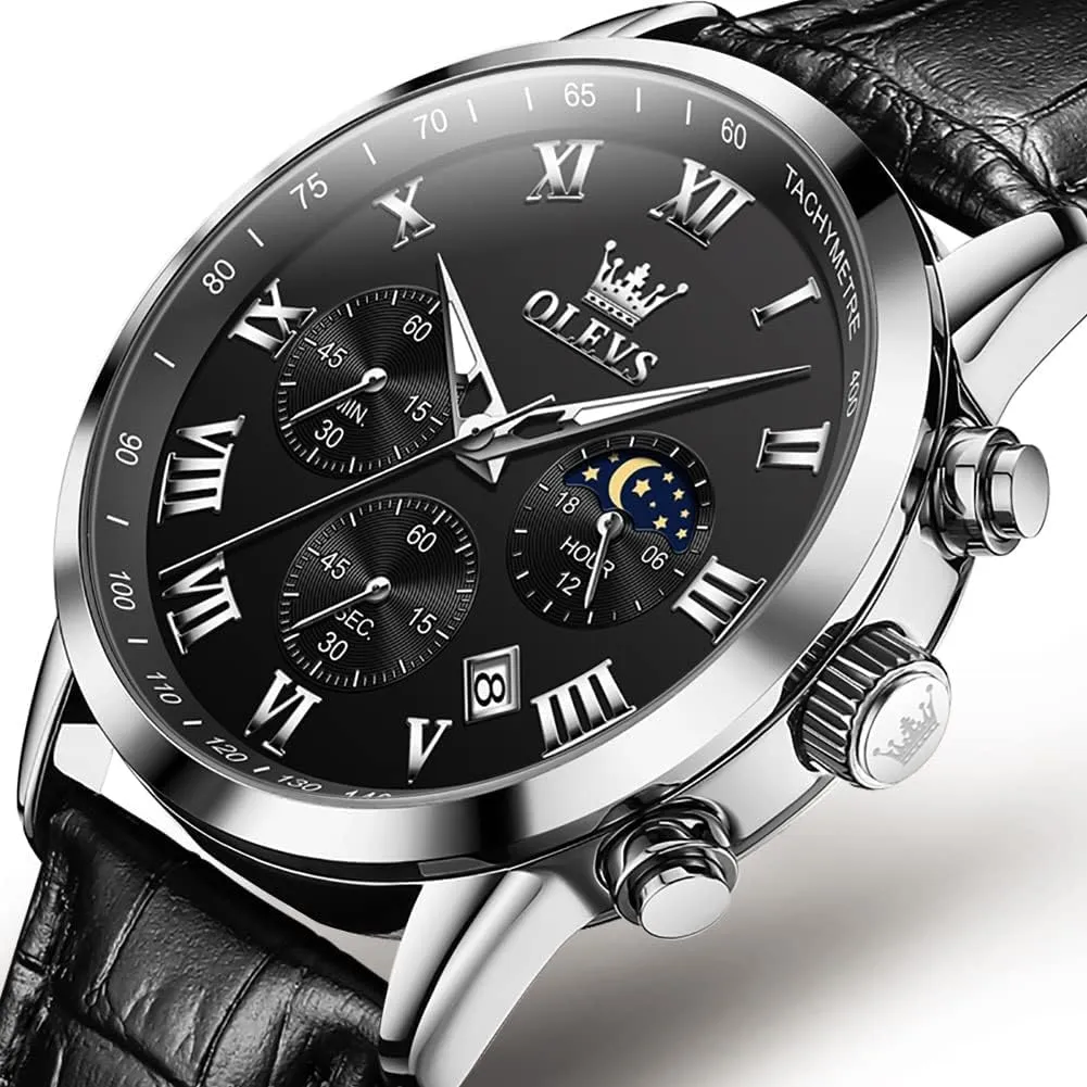 OLEVS Mens Watches Leather Chronograph Luxury Fashion Dress Analog Quartz Wrist Watch Luminous Waterproof Moon Phase Date