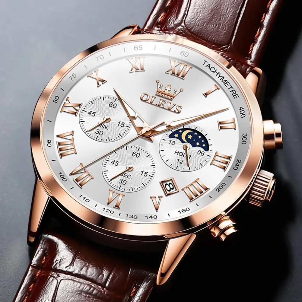 OLEVS Mens Watches Leather Chronograph Luxury Fashion Dress Analog Quartz Wrist Watch Luminous Waterproof Moon Phase Date
