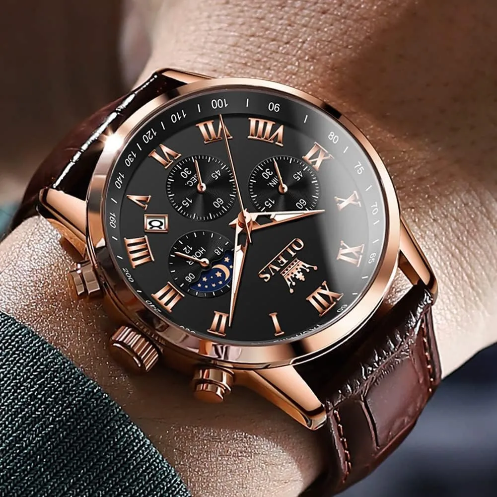 OLEVS Mens Watches Leather Chronograph Luxury Fashion Dress Analog Quartz Wrist Watch Luminous Waterproof Moon Phase Date
