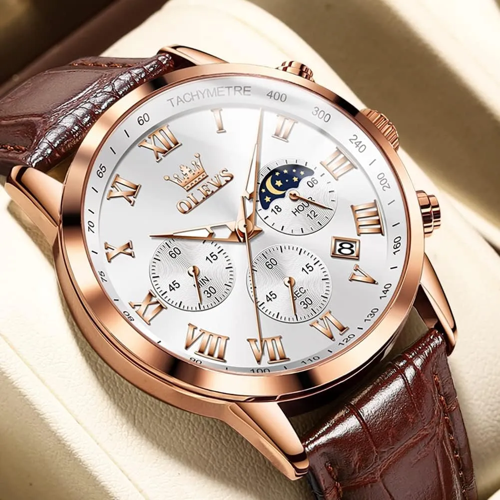 OLEVS Mens Watches Leather Chronograph Luxury Fashion Dress Analog Quartz Wrist Watch Luminous Waterproof Moon Phase Date