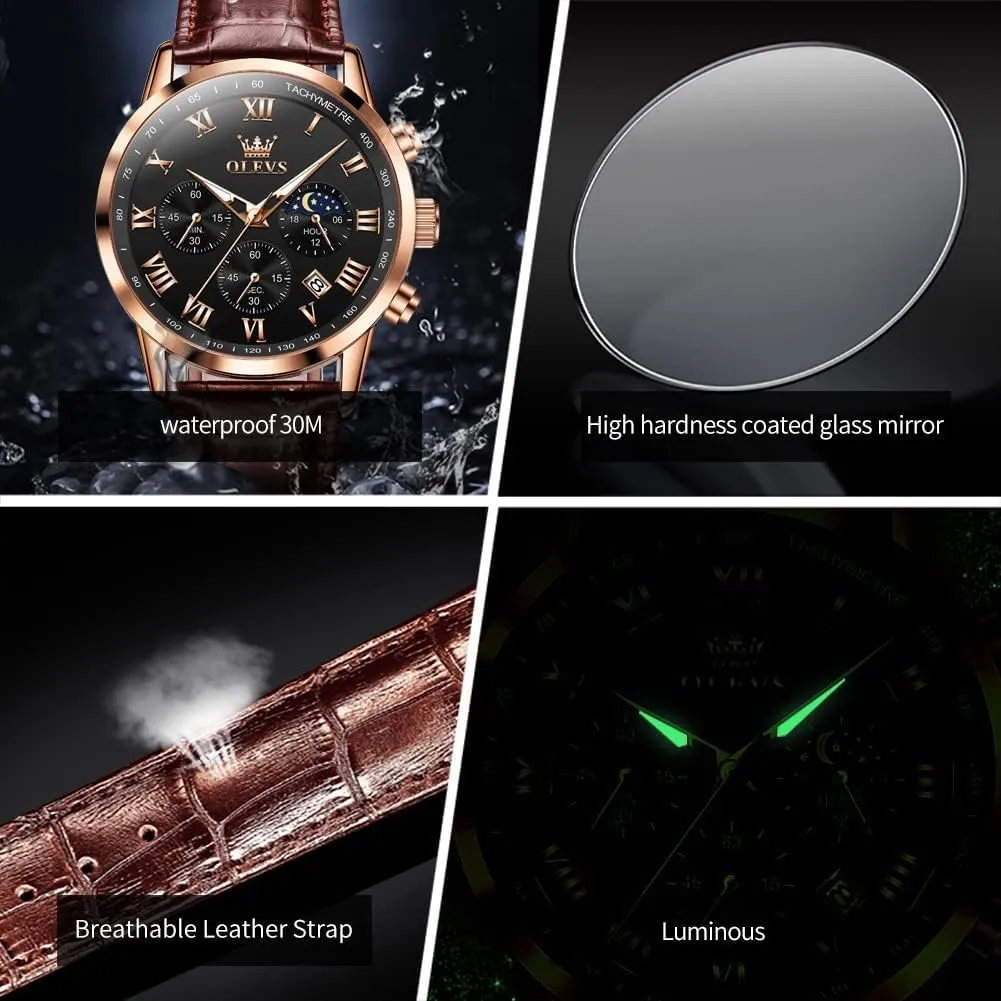OLEVS Mens Watches Leather Chronograph Luxury Fashion Dress Analog Quartz Wrist Watch Luminous Waterproof Moon Phase Date