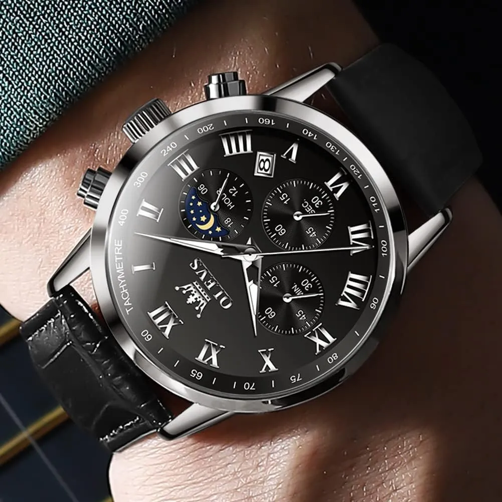 OLEVS Mens Watches Leather Chronograph Luxury Fashion Dress Analog Quartz Wrist Watch Luminous Waterproof Moon Phase Date