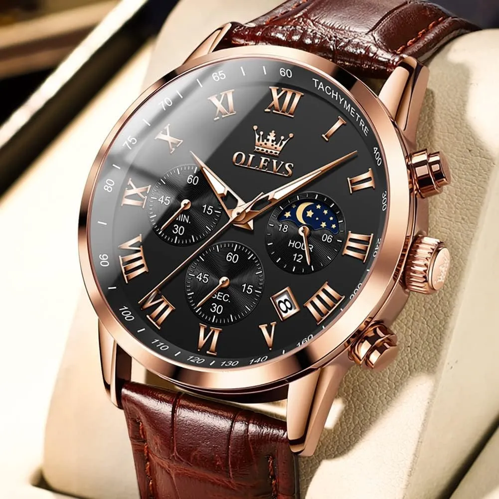OLEVS Mens Watches Leather Chronograph Luxury Fashion Dress Analog Quartz Wrist Watch Luminous Waterproof Moon Phase Date