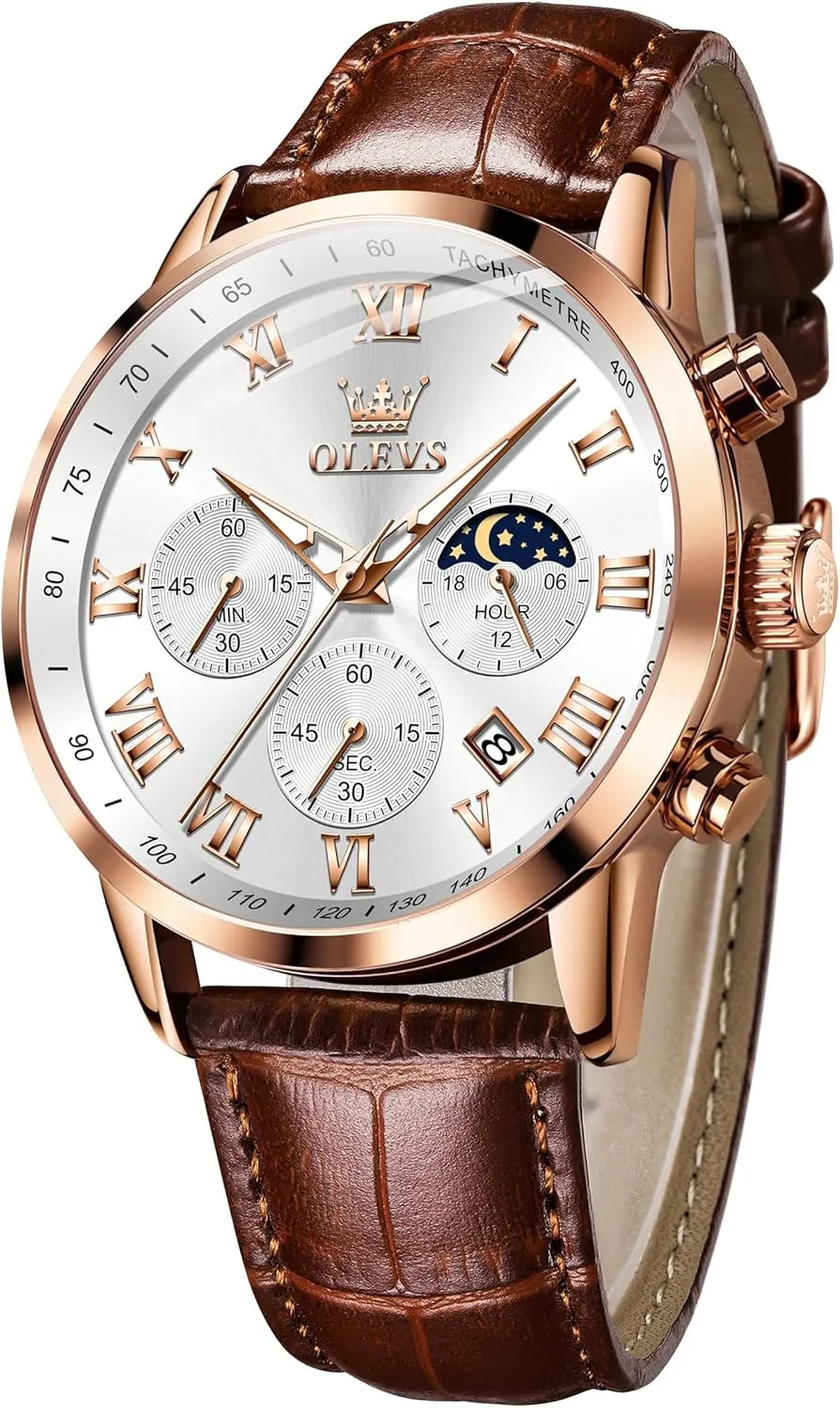 OLEVS Mens Watches Leather Chronograph Luxury Fashion Dress Analog Quartz Wrist Watch Luminous Waterproof Moon Phase Date
