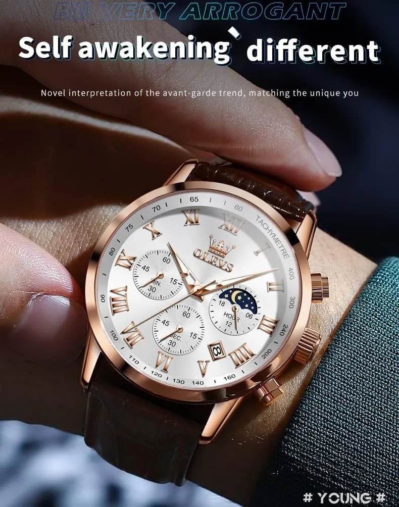 OLEVS Mens Watches Leather Chronograph Luxury Fashion Dress Analog Quartz Wrist Watch Luminous Waterproof Moon Phase Date