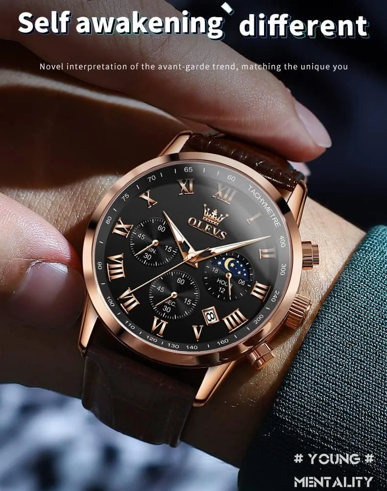 OLEVS Mens Watches Leather Chronograph Luxury Fashion Dress Analog Quartz Wrist Watch Luminous Waterproof Moon Phase Date