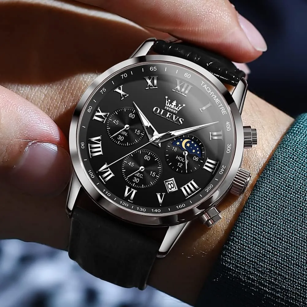 OLEVS Mens Watches Leather Chronograph Luxury Fashion Dress Analog Quartz Wrist Watch Luminous Waterproof Moon Phase Date