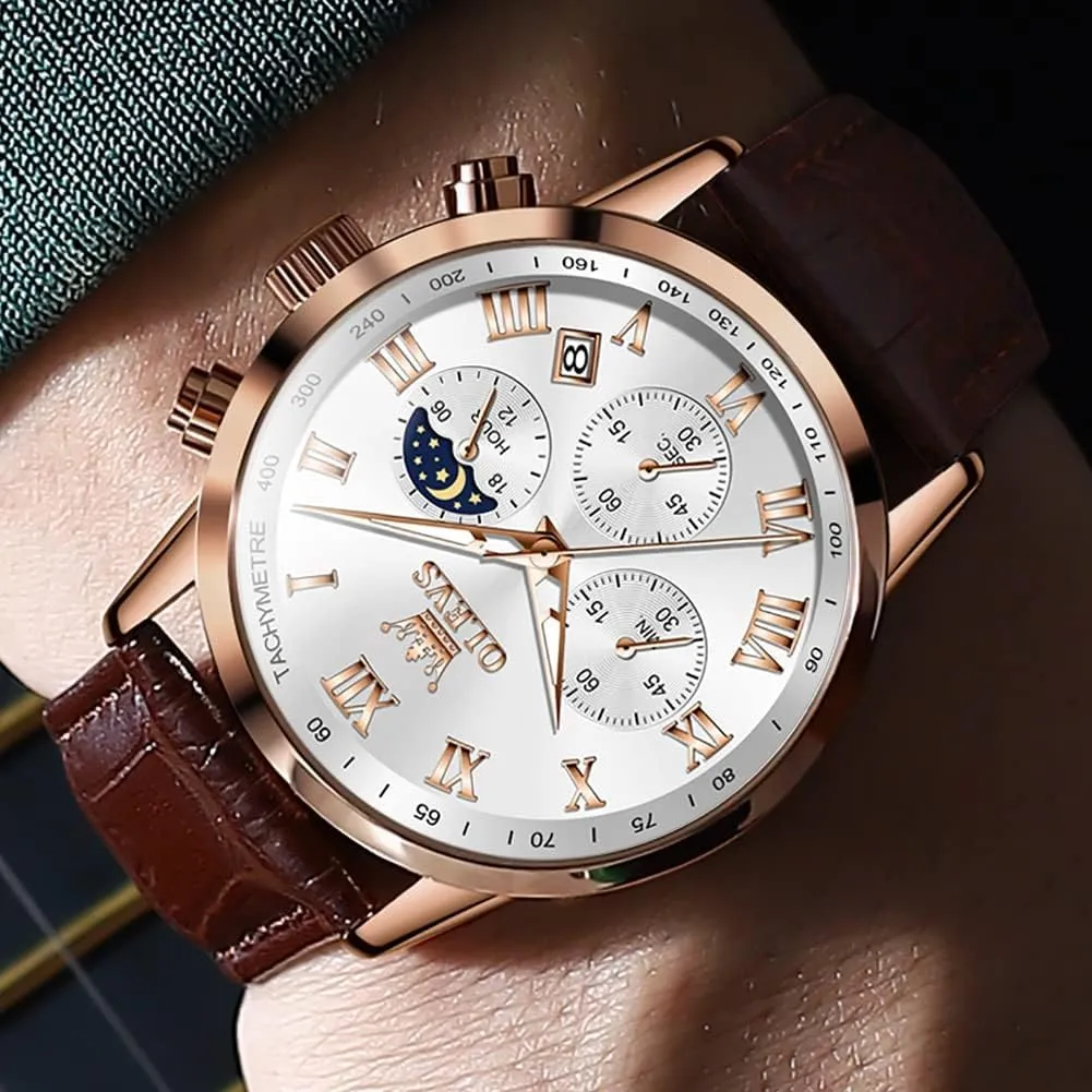 OLEVS Mens Watches Leather Chronograph Luxury Fashion Dress Analog Quartz Wrist Watch Luminous Waterproof Moon Phase Date