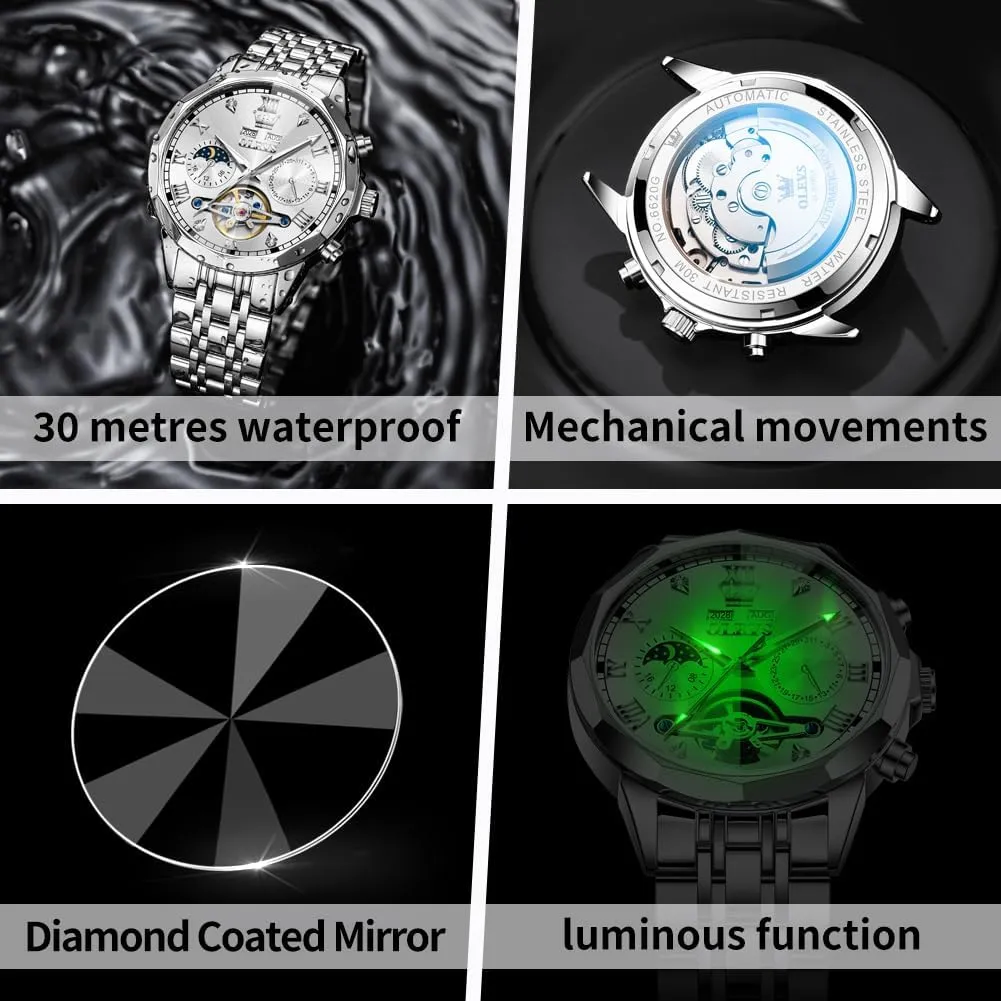 OLEVS Watch for Men Automatic Stainless Steel Business Dress Skeleton Mechanical Waterproof Luminous Self Winding Luxury Diamond Men Watches