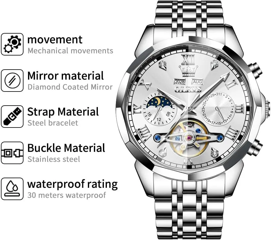 OLEVS Watch for Men Automatic Stainless Steel Business Dress Skeleton Mechanical Waterproof Luminous Self Winding Luxury Diamond Men Watches