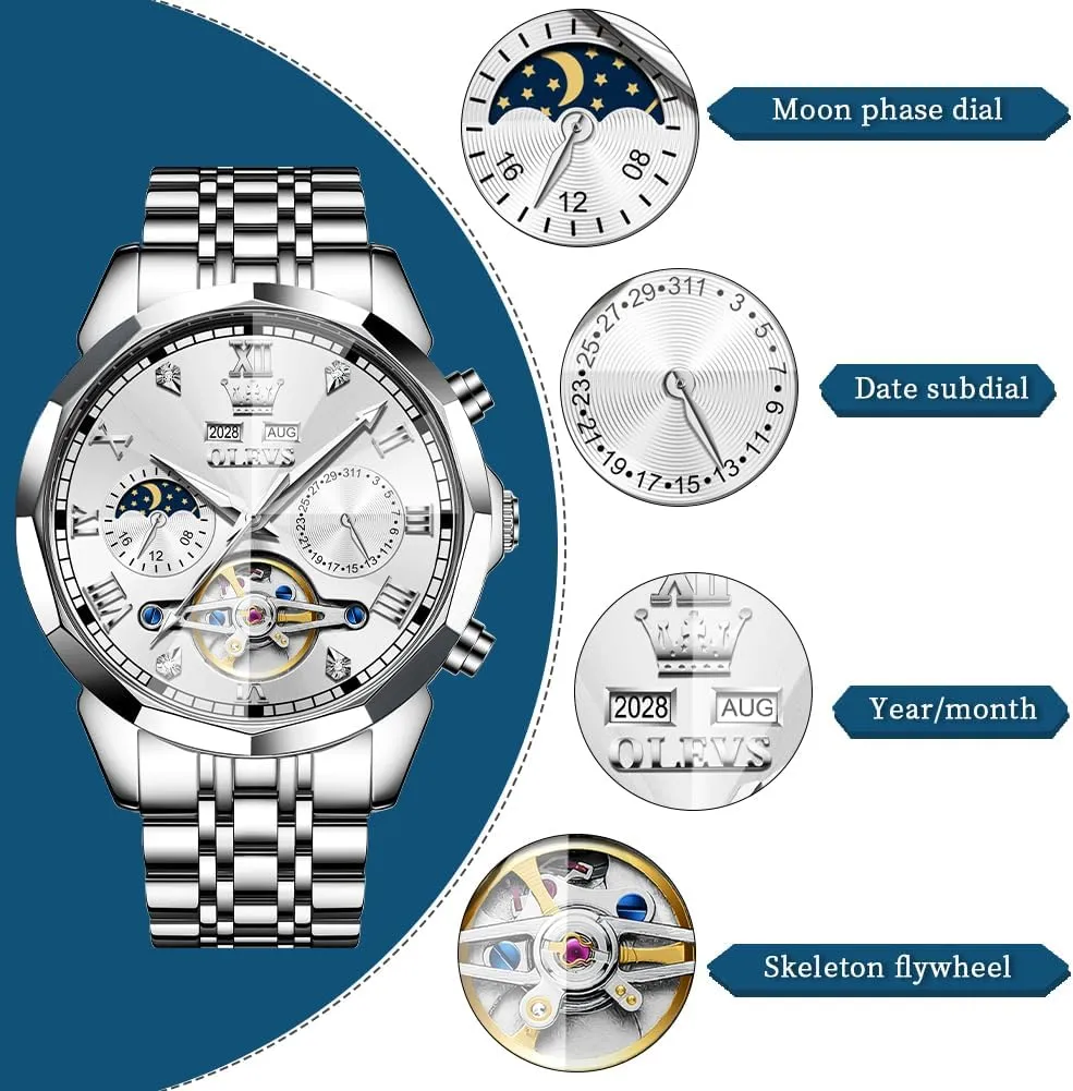 OLEVS Watch for Men Automatic Stainless Steel Business Dress Skeleton Mechanical Waterproof Luminous Self Winding Luxury Diamond Men Watches