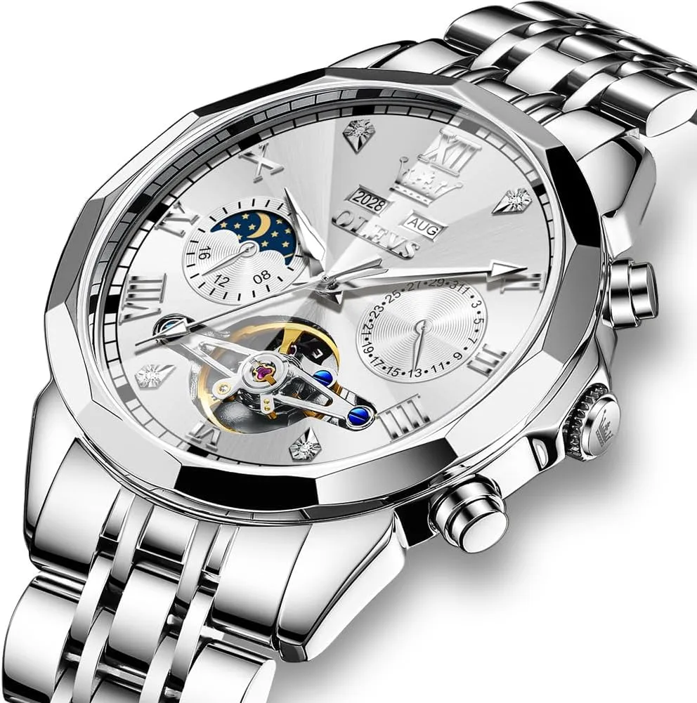 OLEVS Watch for Men Automatic Stainless Steel Business Dress Skeleton Mechanical Waterproof Luminous Self Winding Luxury Diamond Men Watches