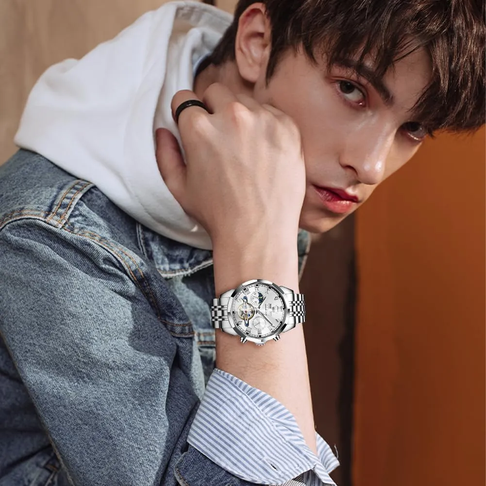 OLEVS Watch for Men Automatic Stainless Steel Business Dress Skeleton Mechanical Waterproof Luminous Self Winding Luxury Diamond Men Watches