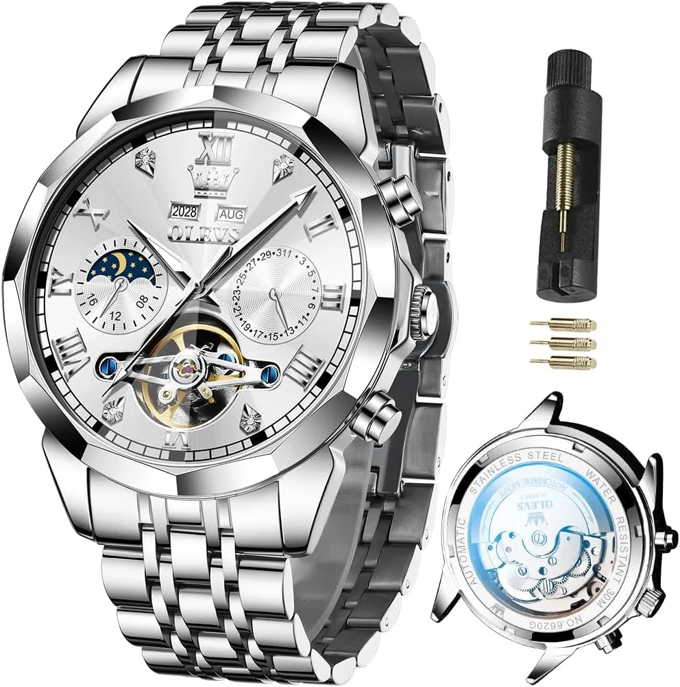 OLEVS Watch for Men Automatic Stainless Steel Business Dress Skeleton Mechanical Waterproof Luminous Self Winding Luxury Diamond Men Watches