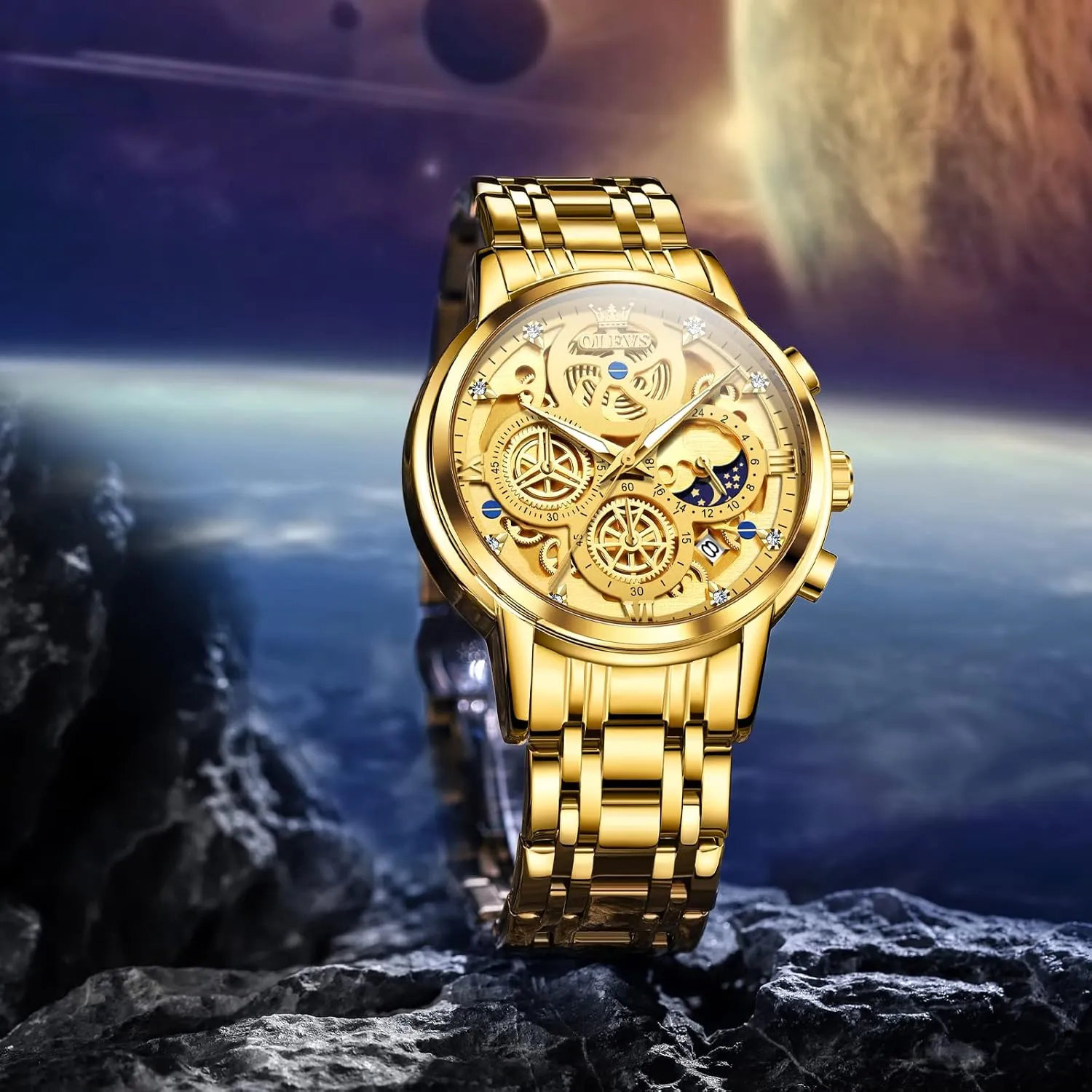 OLEVS Watch Men Stainless Steel Watches Luxury Diamond Chronograph Multifunction Men Wrist Watch with Date Business Classic Dress Watch for Men Gift for Men reloj de Hombre