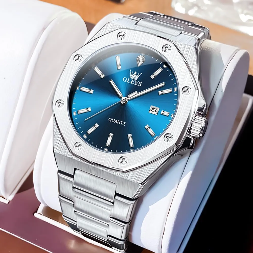 OLEVS Watches for Men Dress Stainless Steel Big face Waterproof Luxury Mens Wrist Watch with Date Casual Blue/Black/Gold/Silver Reloj para Hombre
