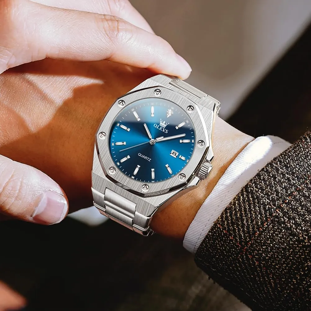 OLEVS Watches for Men Dress Stainless Steel Big face Waterproof Luxury Mens Wrist Watch with Date Casual Blue/Black/Gold/Silver Reloj para Hombre