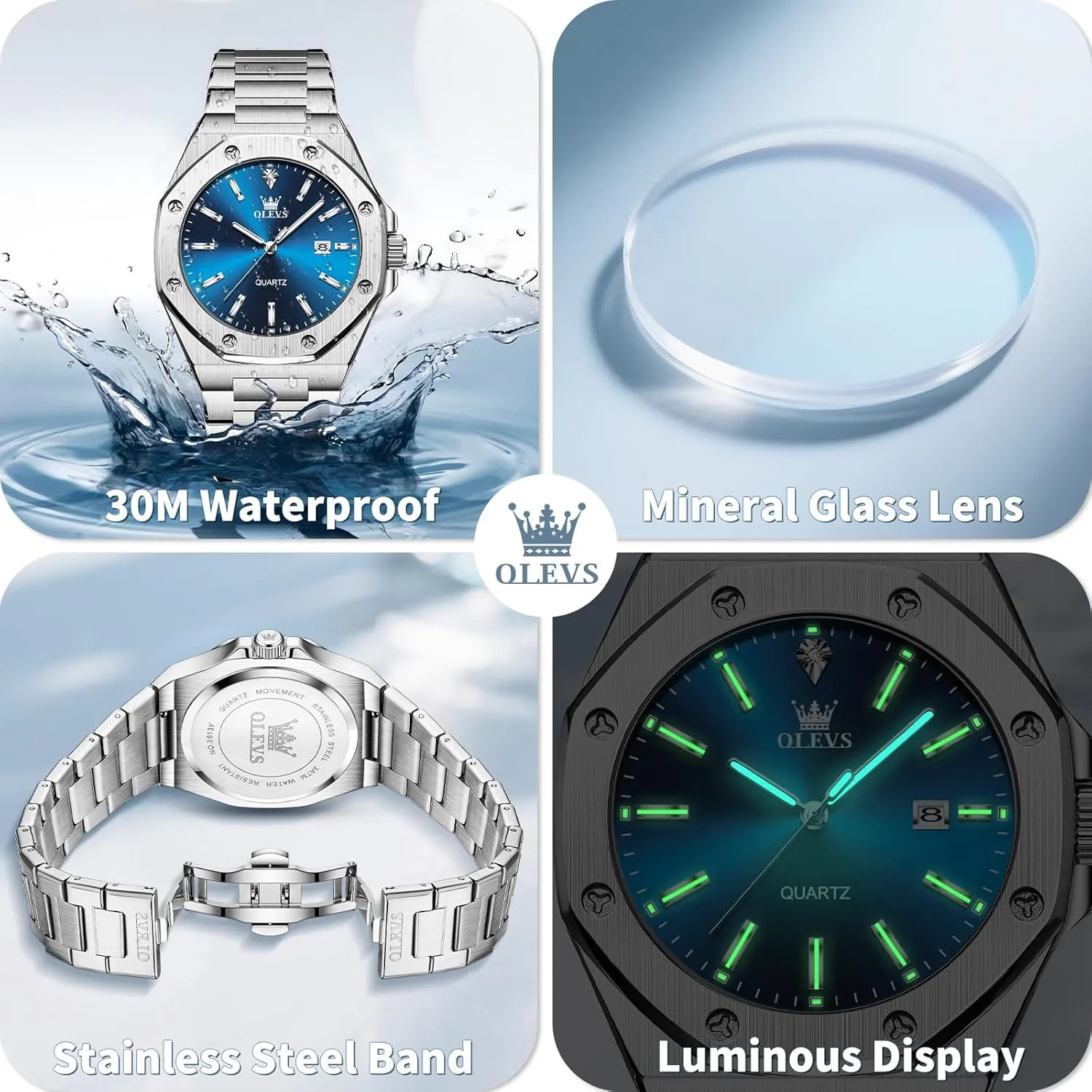 OLEVS Watches for Men Dress Stainless Steel Big face Waterproof Luxury Mens Wrist Watch with Date Casual Blue/Black/Gold/Silver Reloj para Hombre