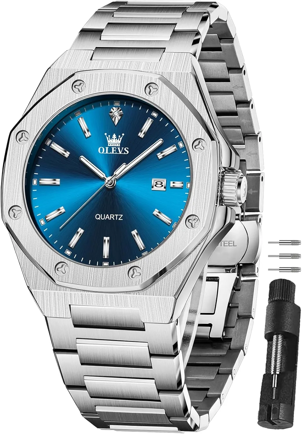 OLEVS Watches for Men Dress Stainless Steel Big face Waterproof Luxury Mens Wrist Watch with Date Casual Blue/Black/Gold/Silver Reloj para Hombre