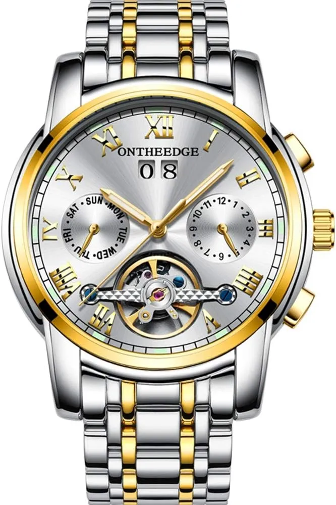 ONTHEEDGE Brand Luxury Mens Watches Mechanical Automatic Wrist Watch Man Stainless Steel Tourbillon Multifunction
