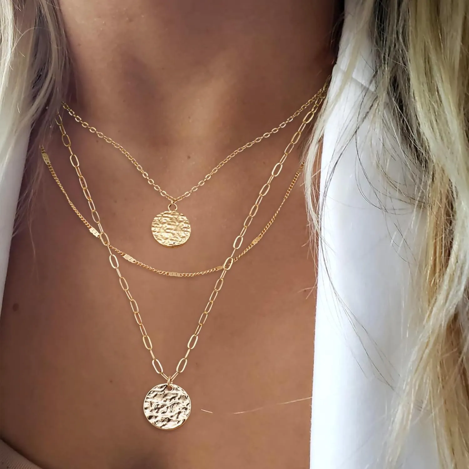 ORAZIO Gold Necklaces for Women,Dainty Layered Choker Necklace,14K Gold Plated Pendant Necklace Multilayer Disc/Bar/Pearls Necklaces,Adjustable Layering Choker Necklaces for Women