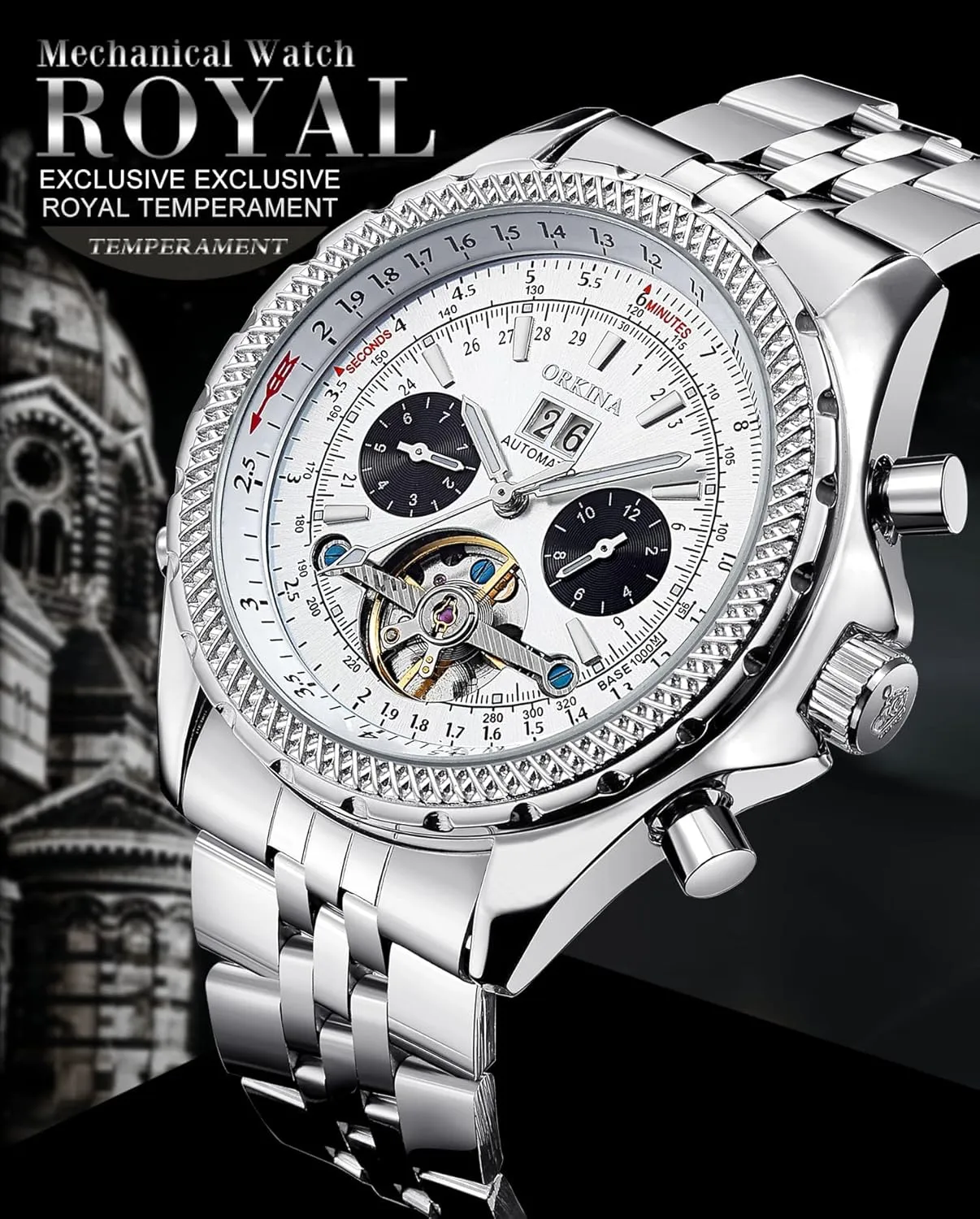 ORKINA Mens Luxury Mechanical Tourbillon Multifunctional Watches, Self-Wind Automatic Wrist Watch, Stainless Steel Strap, 46mm Big Dial with Day & Month Sub Dial