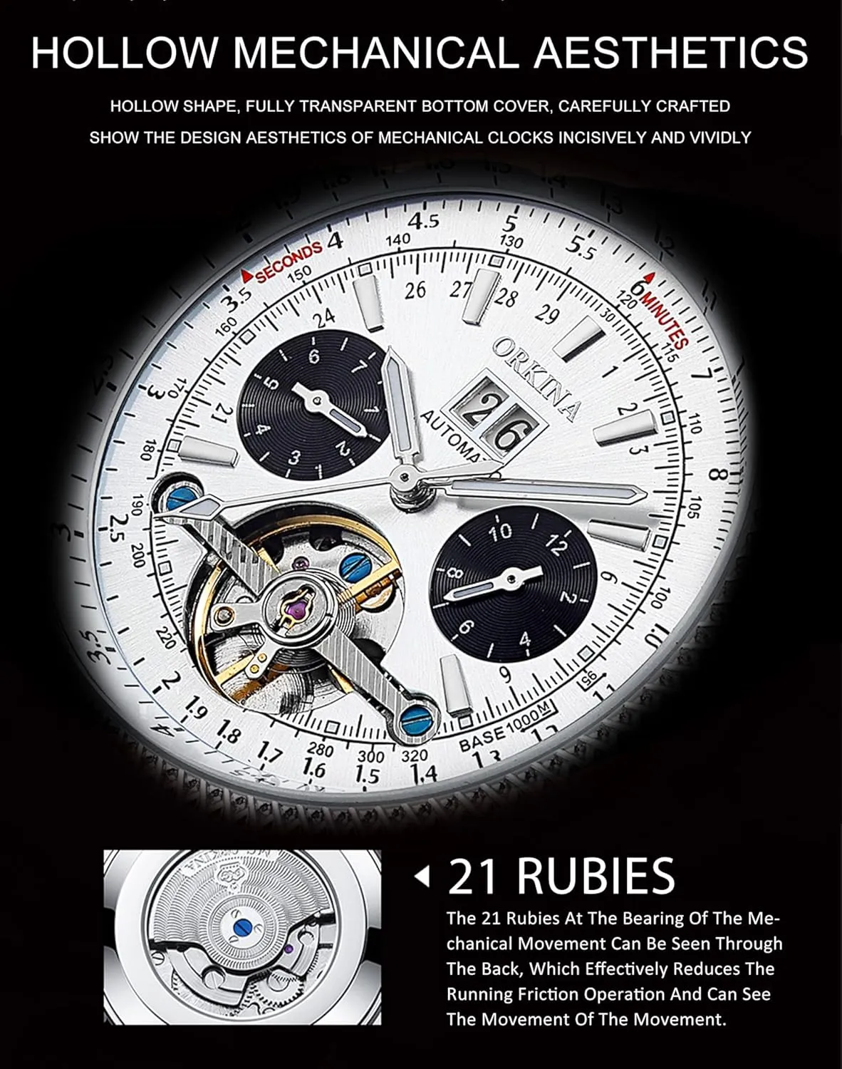 ORKINA Mens Luxury Mechanical Tourbillon Multifunctional Watches, Self-Wind Automatic Wrist Watch, Stainless Steel Strap, 46mm Big Dial with Day & Month Sub Dial