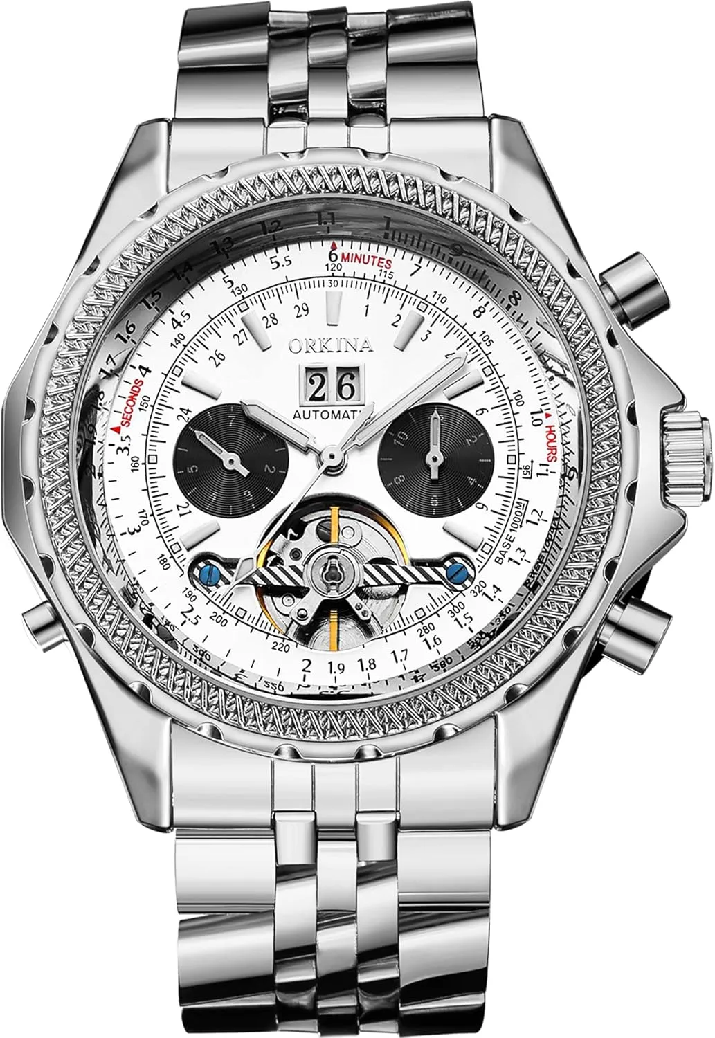 ORKINA Mens Luxury Mechanical Tourbillon Multifunctional Watches, Self-Wind Automatic Wrist Watch, Stainless Steel Strap, 46mm Big Dial with Day & Month Sub Dial